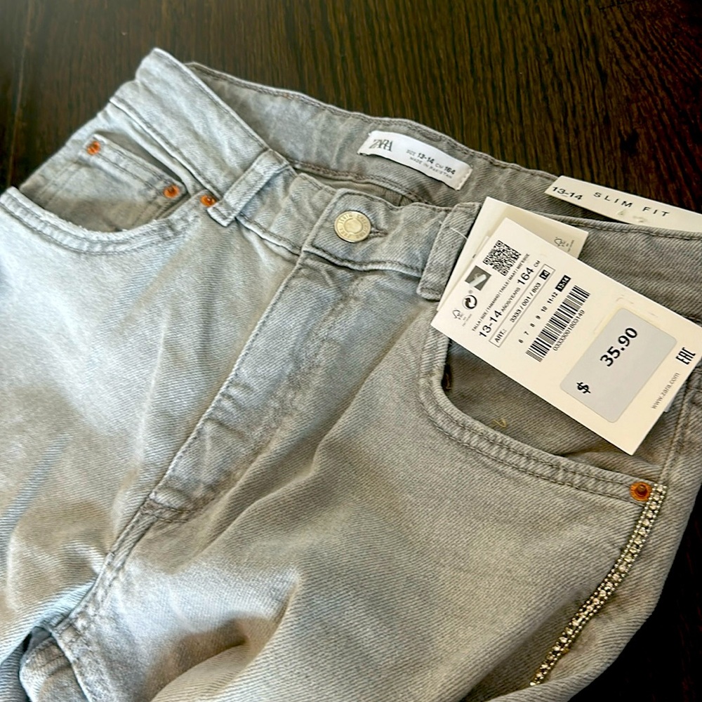 Zara girls size 13-14 slim fit grey jeans embellished on the sides